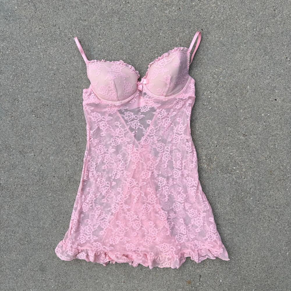 Y2K Victoria's Secret Pastel Pink Ruffles Bustle Lace Push Up Slip Teddy 36C